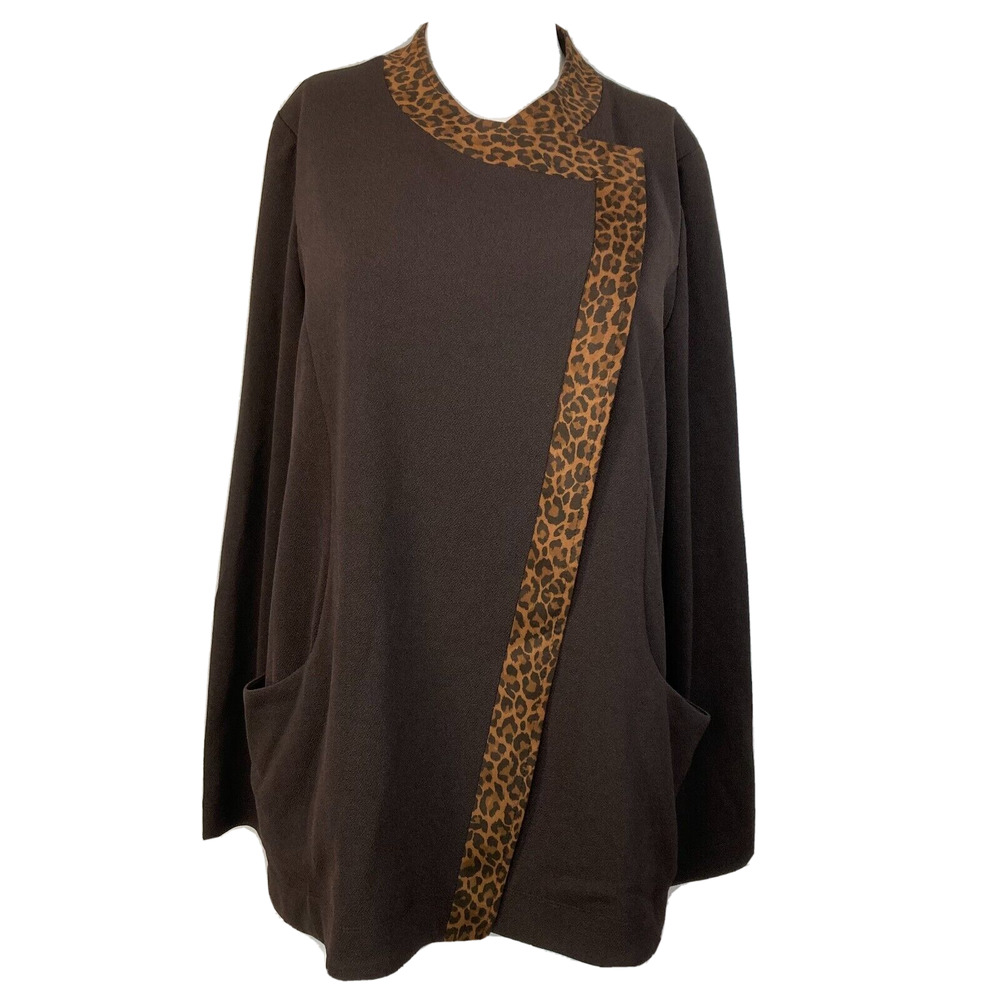 George Simonton Says Jacket Womens Sz‎ S Dark Brown Asymmetric Leopard Trim